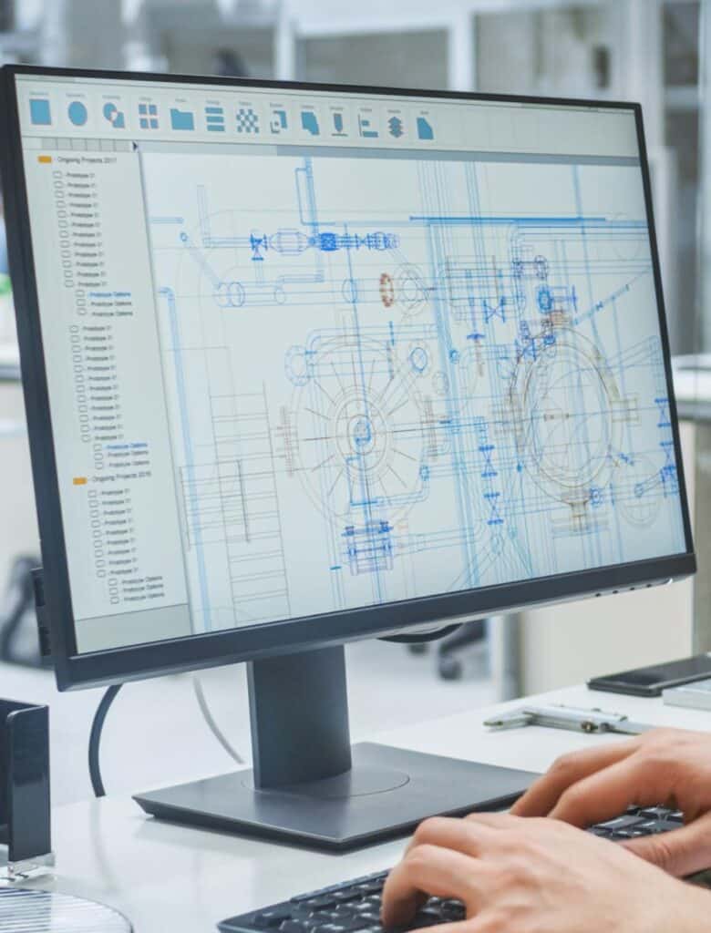 Engineer working on CAD blueprint design.